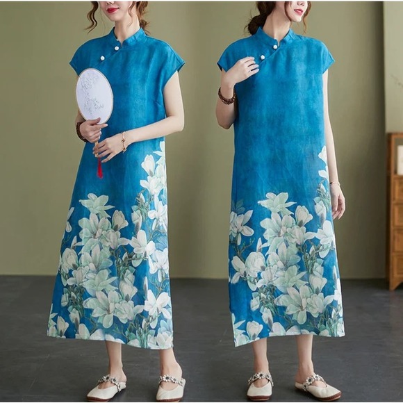 Chinese Style Long Dress with Magnolia Flower Print Blue Size Large High Neck - Picture 11 of 11